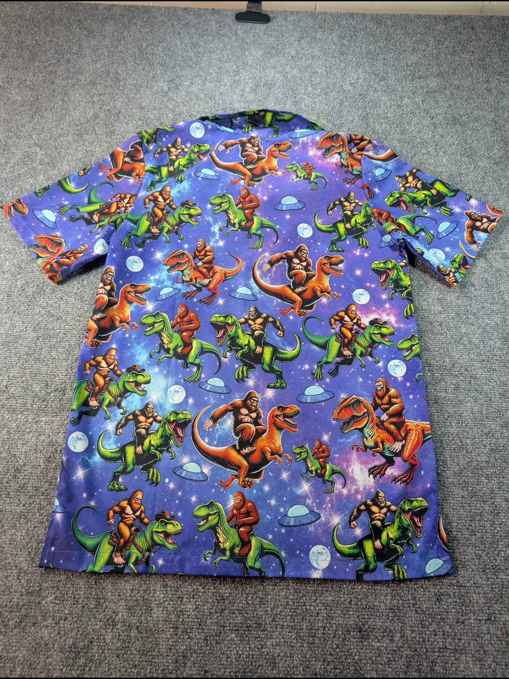 Men's Small Purple Dinosaur & Space Polo Shirt with Colorful Dino Print